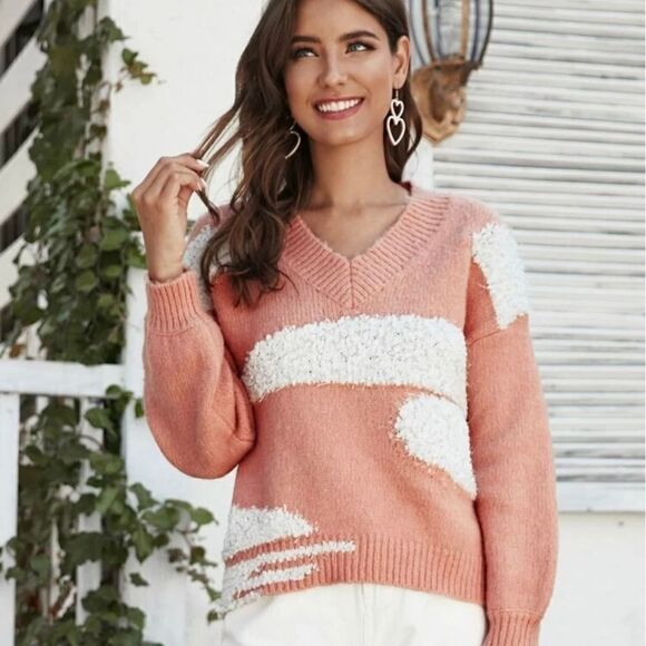 Shein Drop Shoulder Colorblock Fuzzy Sweater size Mediun blush pink sweater @B - Picture 1 of 6